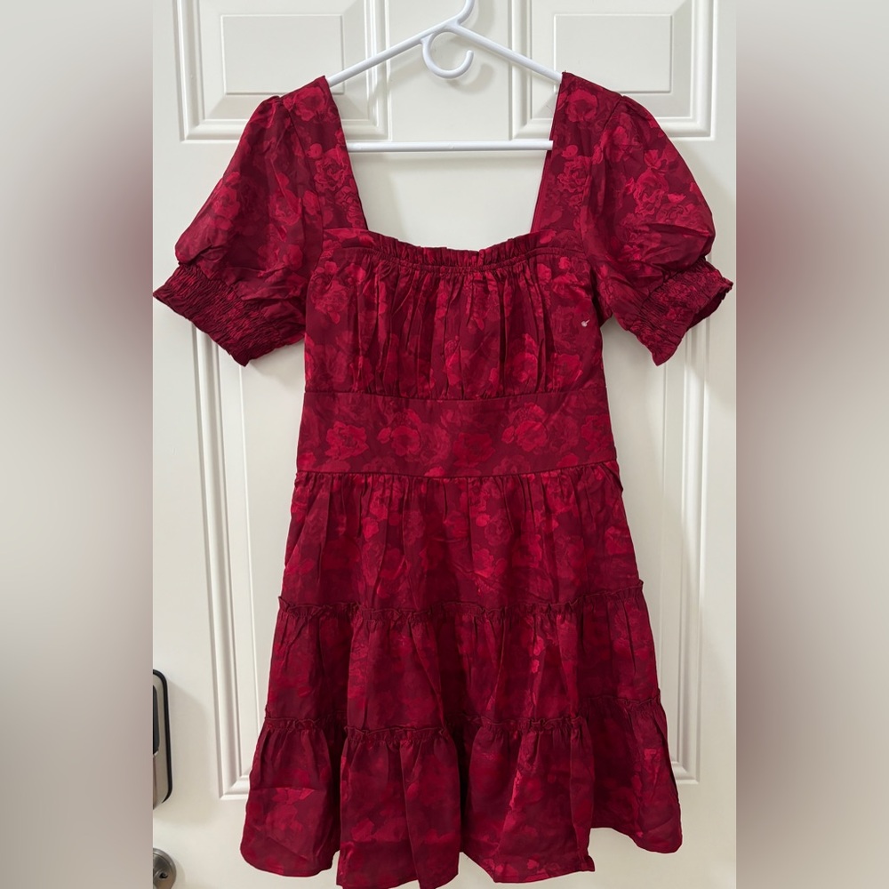 ROW A Dress Junior's L Red Floral Print Square Neck Fit & Flare Short Sleeves
